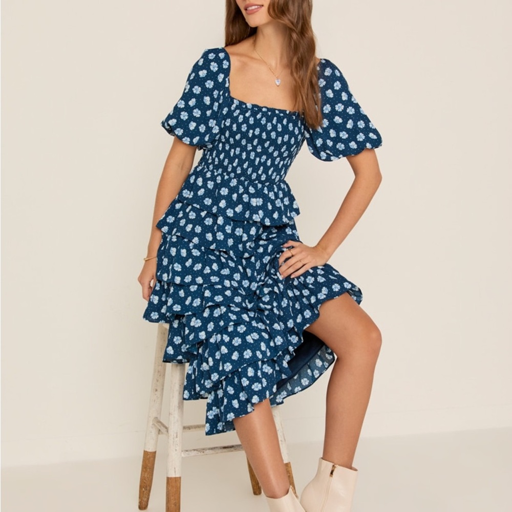 Blue Floral Ruffle Dress